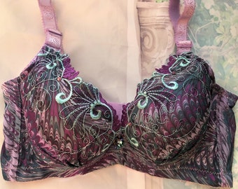 Purple and Green Swirl Design Swarovski Crystal Bra 34A