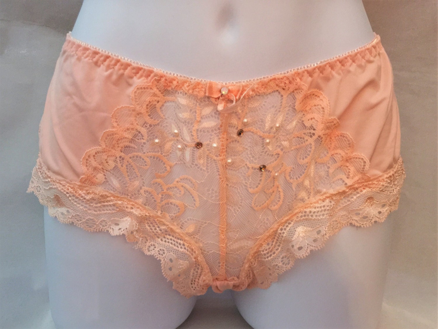 Pink Peach Lace Swarovski Crystal Pearl Bra and Panties Set 38C