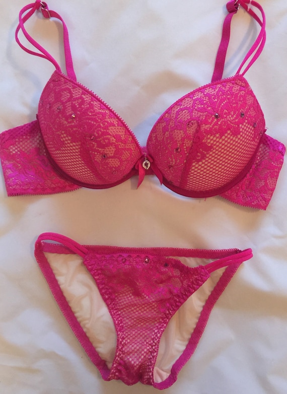 Fuschia Lace Swarovski Crystal Bra and Panties Set 36B 