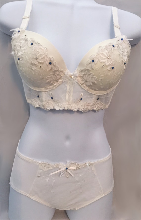 White Short Bustier Embroidered Bridal Swarovski Crystal Bra and Panties Set  36B 