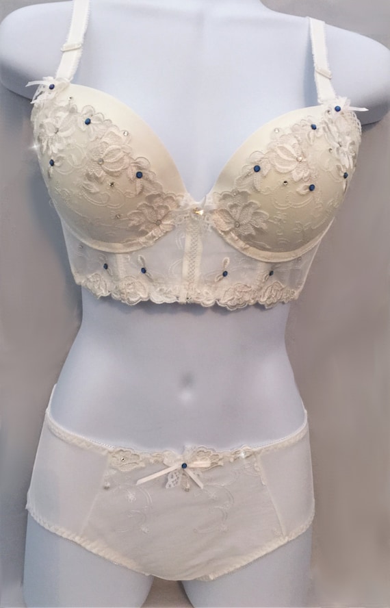 White Short Bustier Embroidered Bridal Swarovski Crystal Bra and