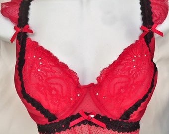 Red and Black Burlesque like Sheer Lace Swarovski Crystal Bra 36C