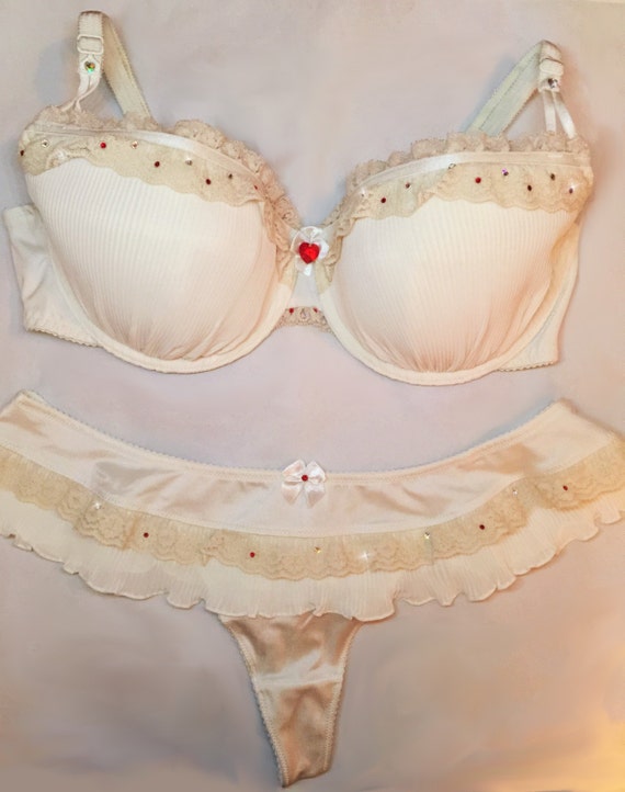 Cream Ivory With Lace Swarovski Crystal Bra and Thong Panties Set