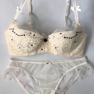 White Lace w/Purple Swarovski Crystal Bra and Panties Set 34C