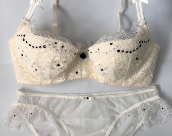 White Lace w/Purple Swarovski Crystal Bra and Panties Set 34C