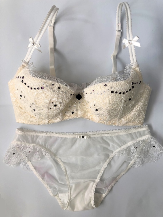 White Lace W/purple Swarovski Crystal Bra and Panties Set 34C 