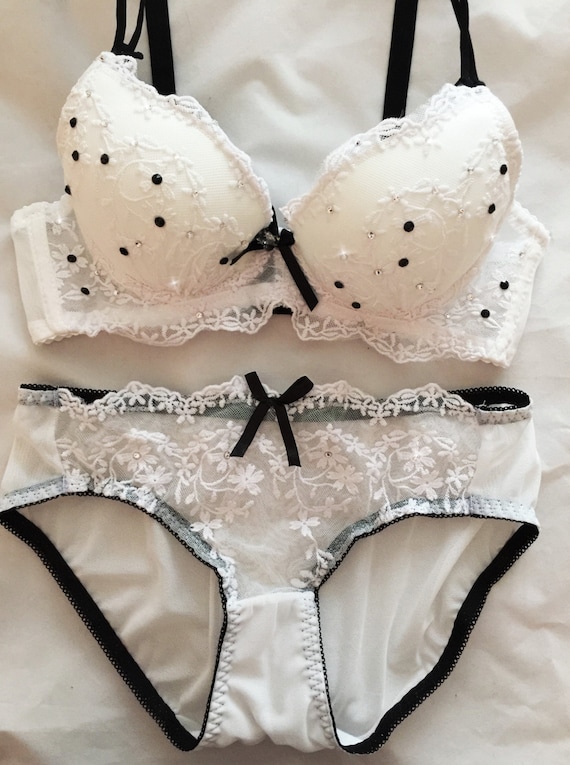White With Black Trim Lace Swarovski Crystal Bra and Panties Set 32A 