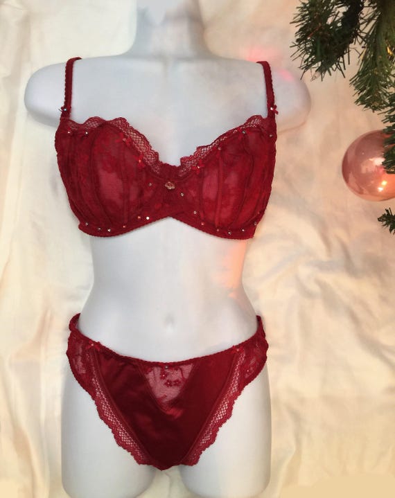 Burgundy Red Lace Sheer Swarovski Crystal Bra and Panty Set 36D 