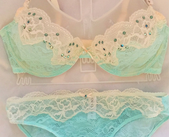 Mint Green and Ivory Delicate Lace Swarovski Crystal Bra and Panties Set 34C  