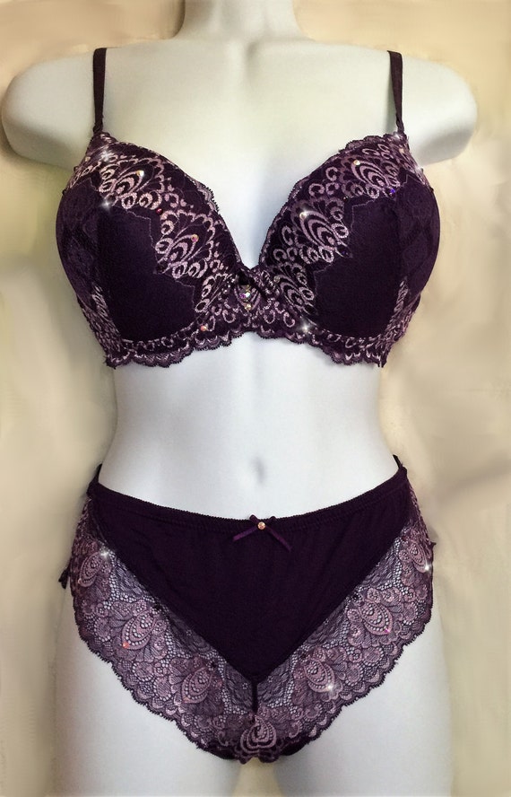 Purple W/pink Swarovski Crystal Lace Bra and Panties Set 38C -  UK