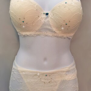 White Lace with Aqua Teal Accents Swarovski Crystal Bra and Skirted Panties Set Bridal 34C