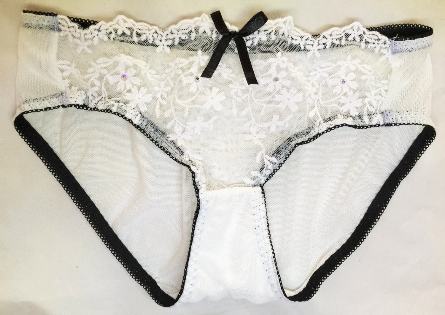 White With Black Trim Lace Swarovski Crystal Bra and Panties Set 32A 