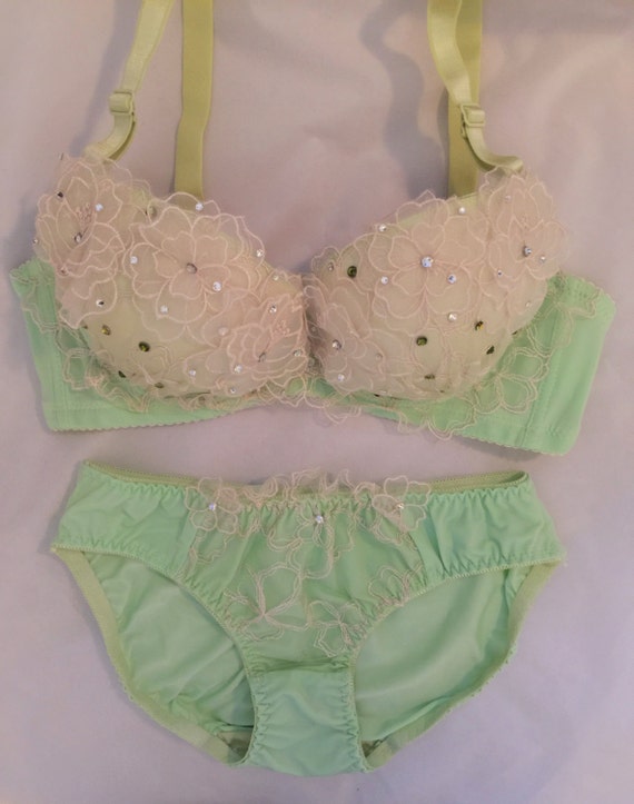 Green Floral Swarovski Crystal Bra and Panties Set W/ Organza Flowers 34A -   Canada