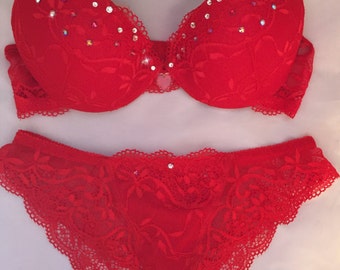 Rich Red Lace Swarovski Crystal Bra and Panties Set w/ large Swarovski Heart 32C