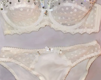 Stunning Sheer White Swarovski Crystal Encrusted Bra and Panties Set 32C