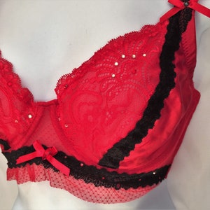 May include: Red lace bra with black trim and rhinestones.