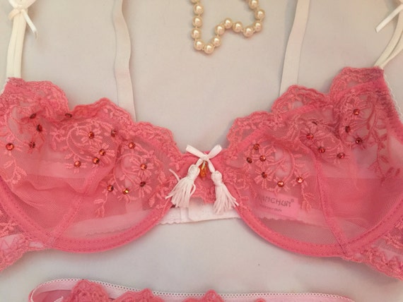 Dark Peach Ornate Lace Swarovski Crystal Bra and Panties Set 36C