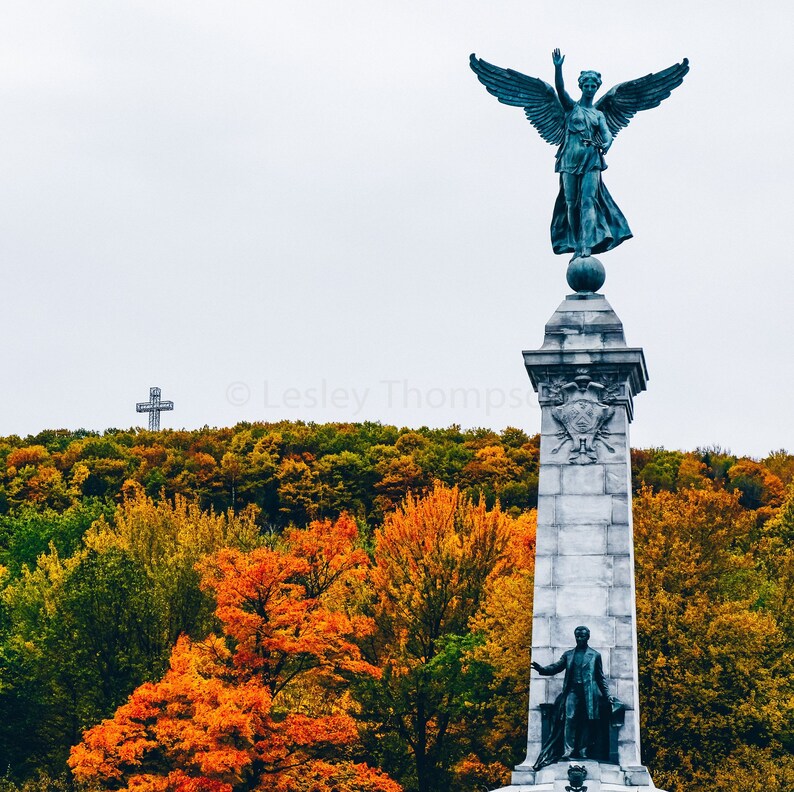 Autumn Decor Photograph Angel Monument and Cross Montr\u00e9al Fine Art Print Wall Art Mont Royal Mount Royal Fall