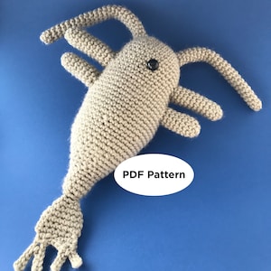 May include: A crocheted plush toy shaped like a trilobite, a prehistoric marine arthropod. The toy is beige and has a black eye. The toy is on a blue background. PDF Pattern.