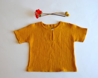 Yellow organic cotton muslin baby shirt | Double gauze baby top for newborns | Yellow short sleeve baby shirt