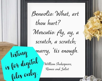 Shakespeare Quote Print, Romeo and Juliet, Printable Digital Download, Benvolio, Mercutio, Literary Poster, Book Lover Gift, English Major