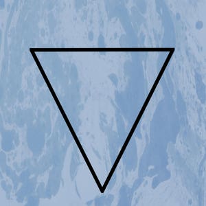 May include: A black triangle shape on a blue and white marbled background.