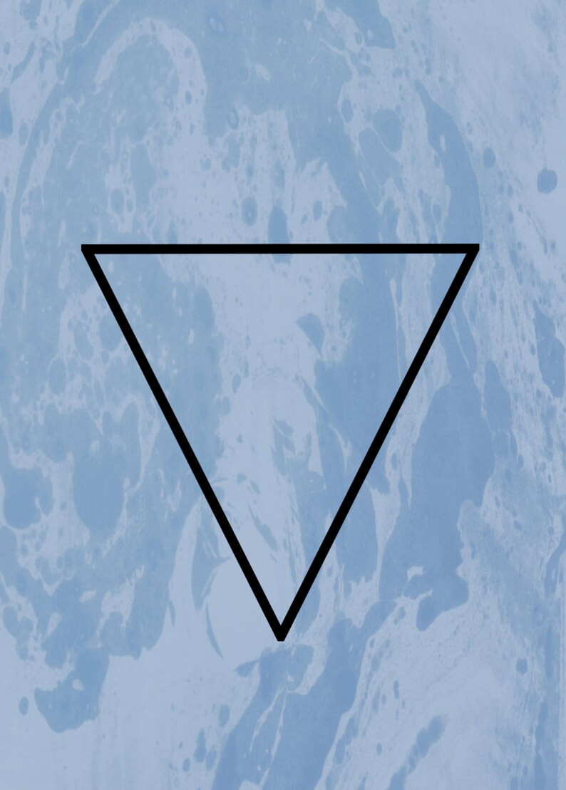 May include: A black triangle shape on a blue and white marbled background.