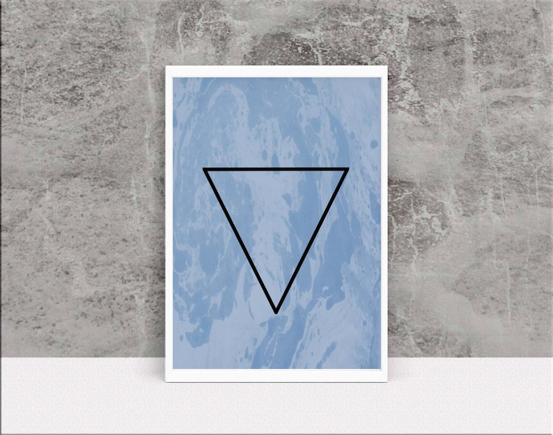 May include: A blue and white abstract print with a black triangle in the center.