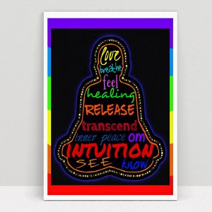 May include: A black and white silhouette of a person meditating with the words "love", "breathe", "feel", "healing", "release", "transcend", "inner peace", "om", "intuition", "see", and "know" written in different colors around the silhouette.