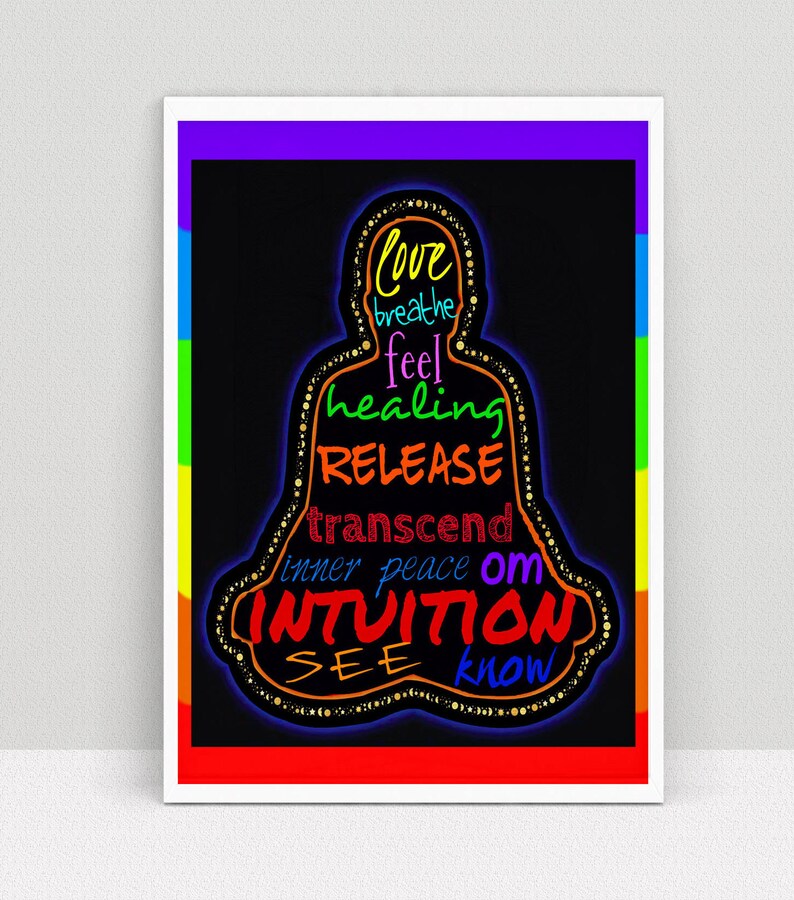 May include: A black and white silhouette of a person meditating with the words "love", "breathe", "feel", "healing", "release", "transcend", "inner peace", "om", "intuition", "see", and "know" written in different colors around the silhouette.