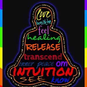 May include: A black background with a silhouette of a person sitting in a meditation pose. The silhouette is outlined in gold glitter and filled with colorful words including "love", "breathe", "feel", "healing", "release", "transcend", "inner peace", "om", "intuition", "see", and "know".