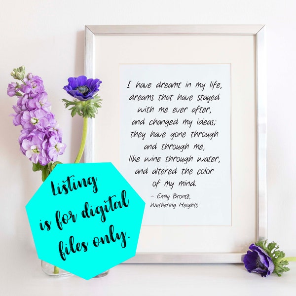 Emily Bronte Quote, Wuthering Heights Quote, Printable Wall Art, Digital Art Print, Literary Quotes, Gallery Wall, English Major Gift