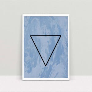 May include: A blue and white abstract marbled print with a black triangle in the center.