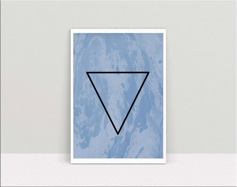 May include: A blue and white abstract marbled print with a black triangle in the center.