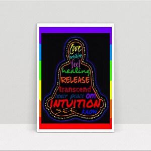May include: A colorful illustration of a meditating figure with words like "love", "breathe", "feel", "healing", "release", "transcend", "inner peace", "om", "invitation", "see", and "know" written inside the figure.