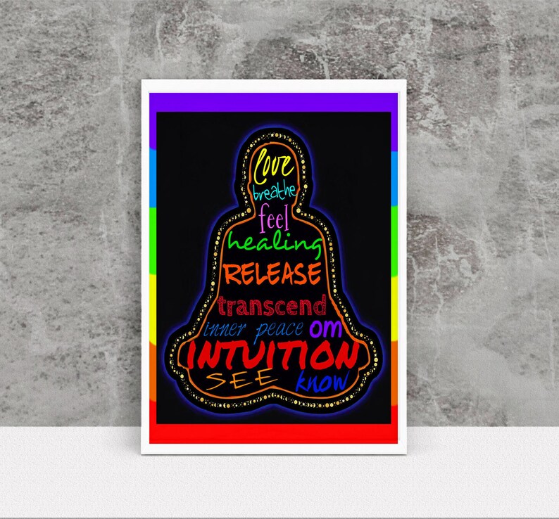 May include: A colorful illustration of a person meditating with words like "love", "breathe", "healing", "release", "inner peace", and "intuition" surrounding them.