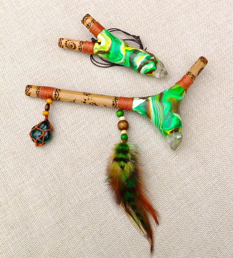 Wonderful Set of 2 pipes, Kuripe and Tepi, both with shops large clear quartz crystals, malachite, feathers and optional burned ornaments