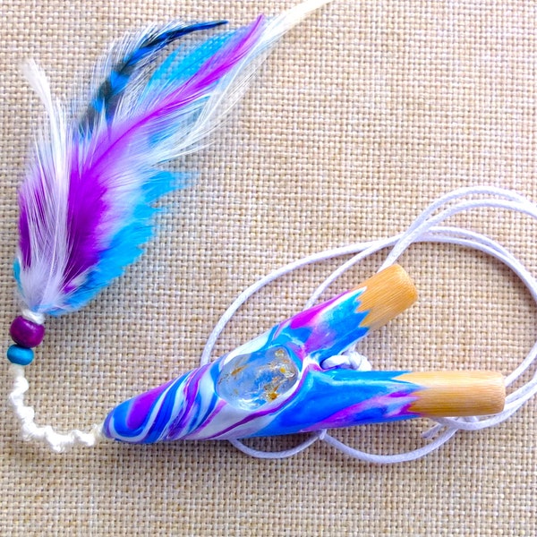 Kuripe pipe for Rapé medicine, shamanic snuff SELF applicator with Quartz Crystal and natural white feathers