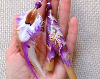 Kuripe pipe for Rapé medicine, shamanic snuff SELF applicator with genuine crystal, golden charm and natural feathers