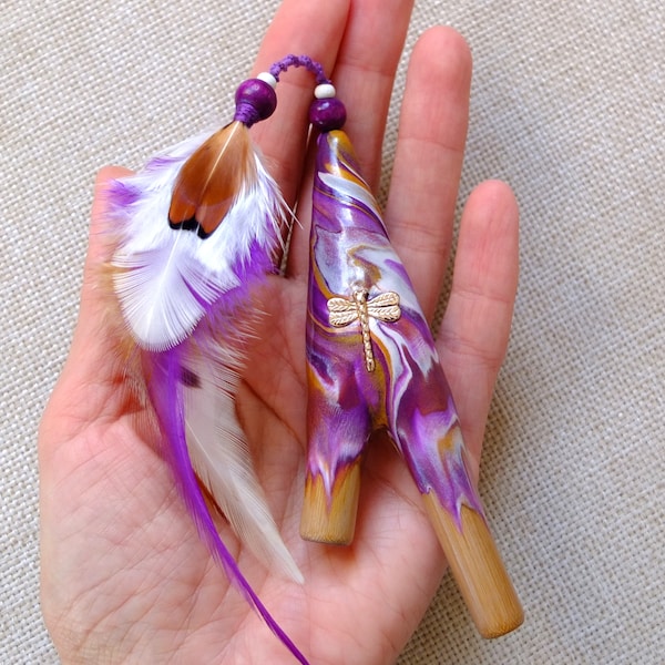 Kuripe pipe for Rapé medicine, shamanic snuff SELF applicator with genuine crystal, golden charm and natural feathers