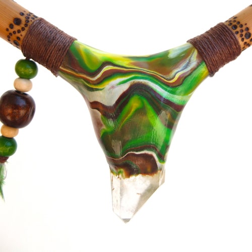 Wonderful Set of 2 pipes, Kuripe and Tepi, both with shops large clear quartz crystals, malachite, feathers and optional burned ornaments