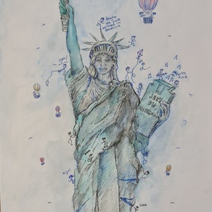 Gli Stickpeople diventano globali e visitano l'America, facendo un viaggio speciale alla Statua della Libertà - Acquerello originale e pittura a penna