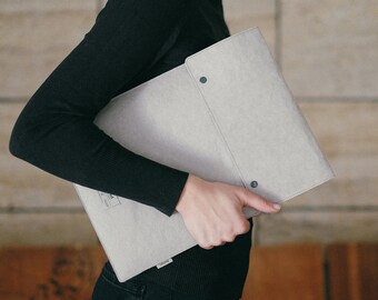 Folded Top Gray Laptop Sleeve, Eco Friendly Laptop Case, Sustainable Laptop Sleeve, Folded Top Case, Washable Paper, Personalized Gift