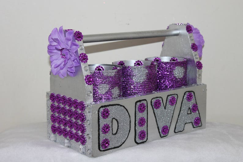 Diva Blinged Out Purple Silver Vanity Makeup Caddy Vanity Decor Desk Decor Home Decor Gifts For A Diva Makeup Organizer Bedroom Decor
