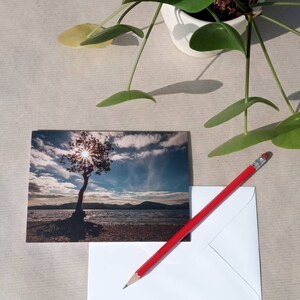 LOCH LOMOND SUNBURST, carte de photographie d'arbre solitaire d'Écosse, photographie de la baie de Millarochy, carte de voeux vierge