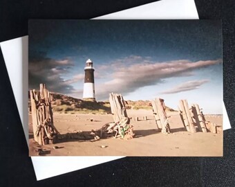 SPURN POINT LIGHTHOUSE, Humber photography card, Spurn Point photograph, blank greetings card, Spurn Head, black and white lighthouse