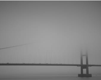 HUMBER BRIDGE PHOTOGRAPH, A4 wall art, Humber Bridge in a heavy fog landscape photo in A4 (21x29.5cm) mount