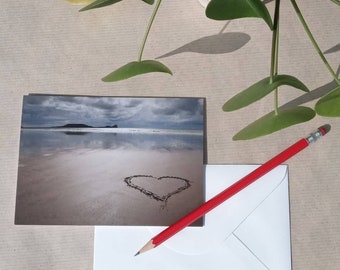 HEART in the SAND CARD, landscape photography card, heart photograph, Rhossili Bay South Wales, blank greetings card