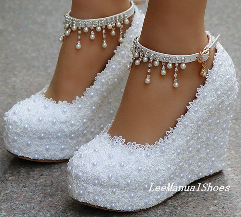 Handmade Lace Wedding Shoes White Wedding Wedges Ankle Strips - Etsy