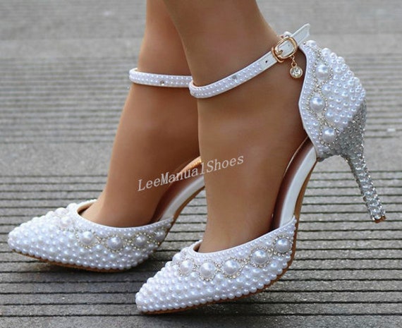 Handmade Women White Wedding 9cm Heel 